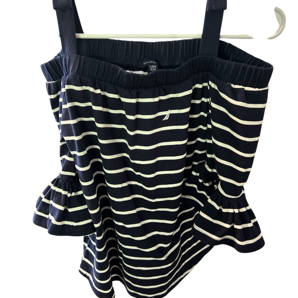 Nautica Navy and White Striped Off-Shoulder Top PTP 15 L 22